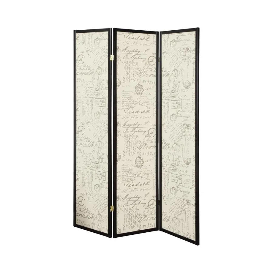 3-panel French Script Print Folding Screen Espresso