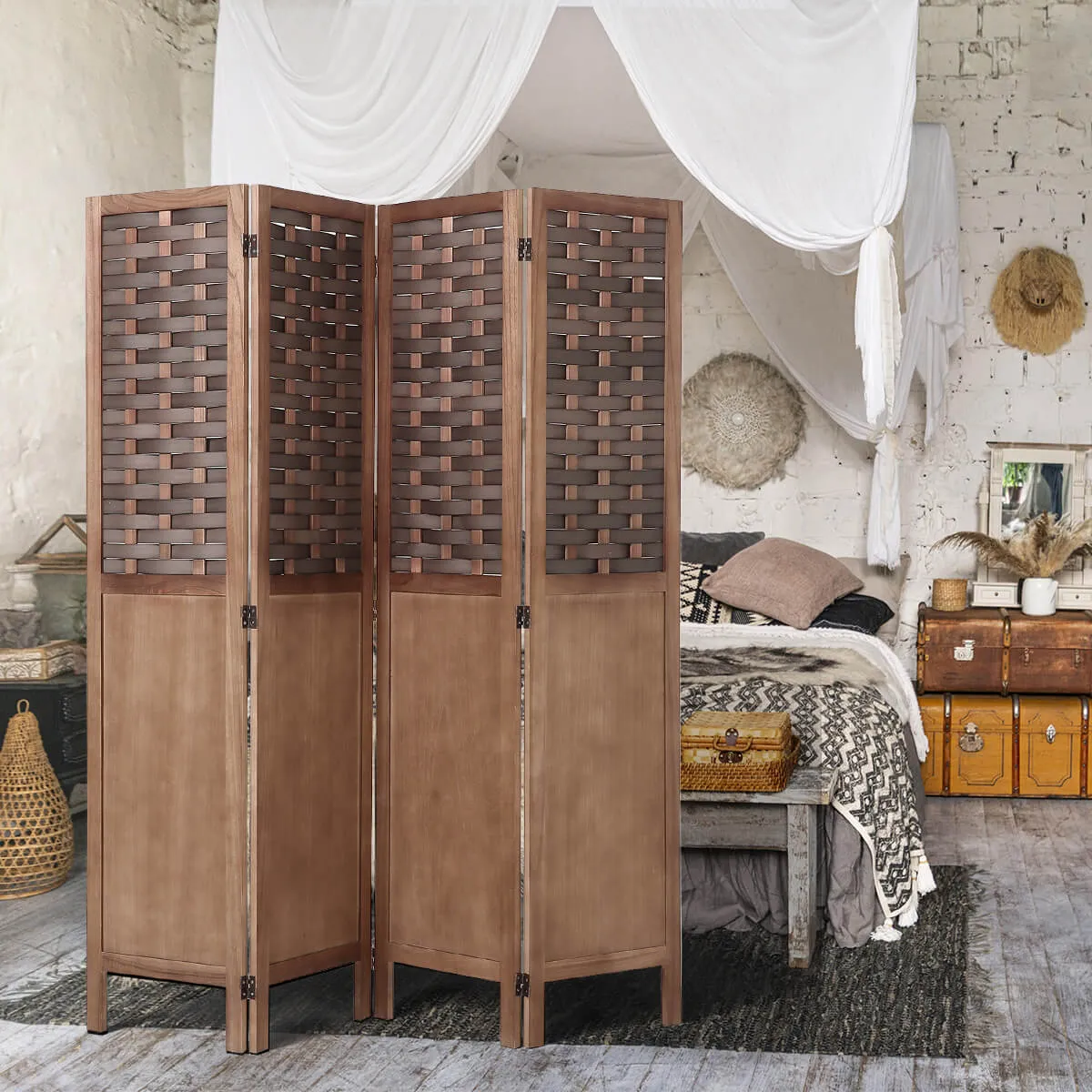 4 Panels Wood Room Divider 5.6ft Folding Privacy Screens with Hand-Woven Wicker Rattan, Brown