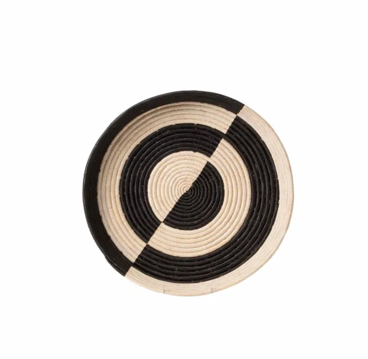African Basket  Rwanda Woven Serving Tray Black & White Half Moon