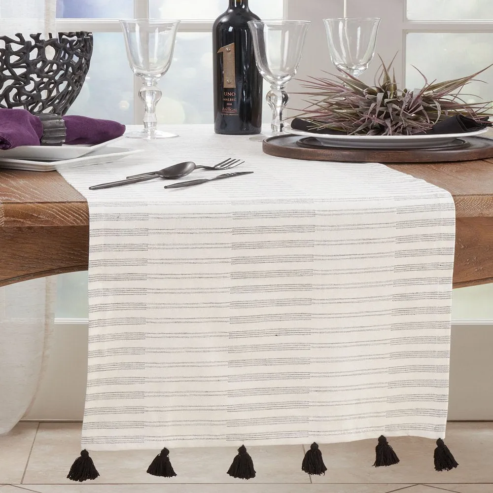 Black-White Striped Tassel Cotton 16"x72" Table Runner