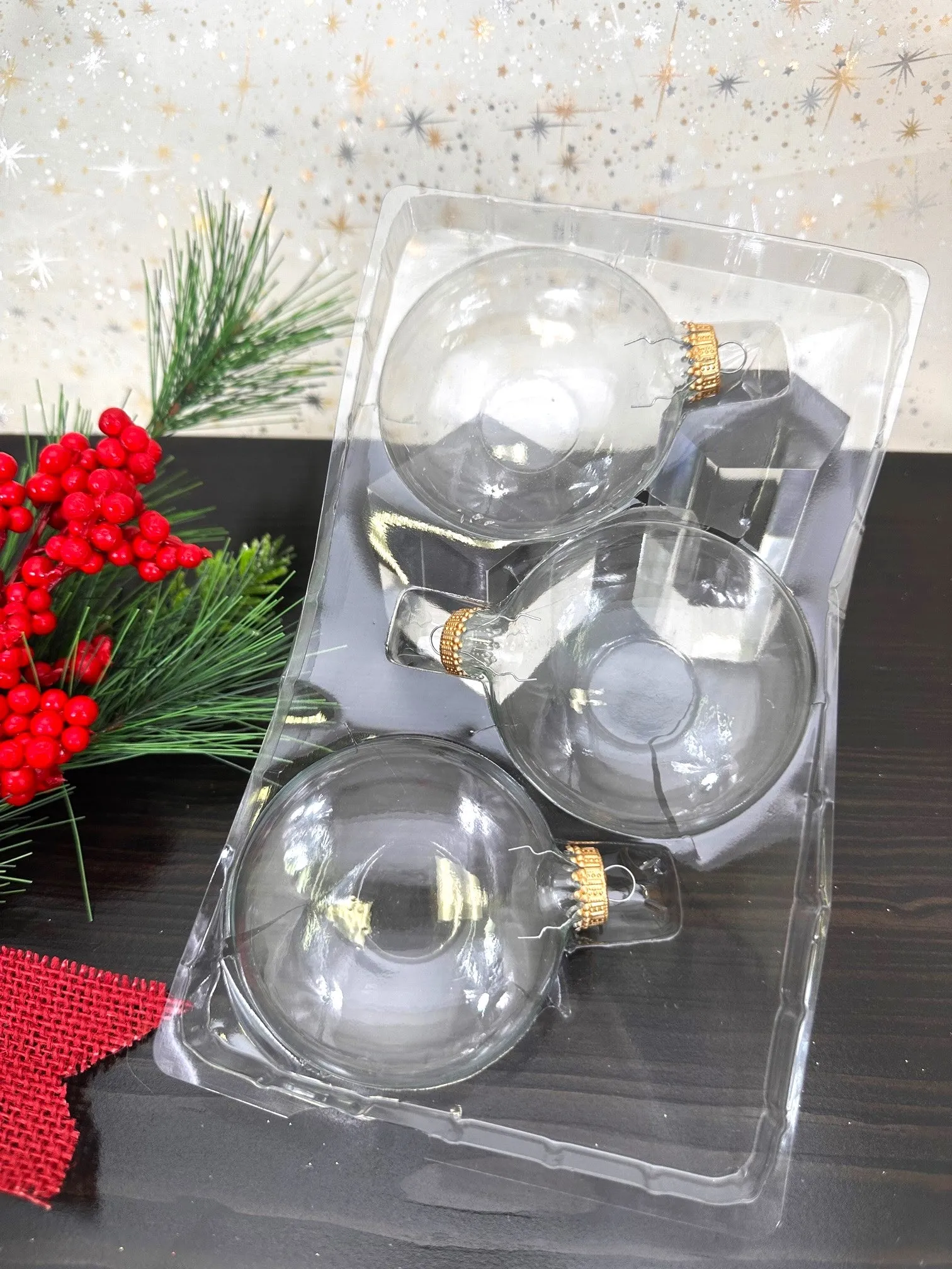 Christmas By Krebs 3" (76mm) Craft Glass Ornament [6 Pieces], Designer Heirloom  (Clear Craft Disc Gold Crown Caps)