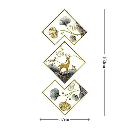 ELITE CRAFT OVERSEAS Metal Wall Art Set of 3 Golden Ginkgo Leaves With Deer Wall Hanging Metal Wall Decor with Frame Wall Decor For Living Room Wall Sculpture for Bedroom Office