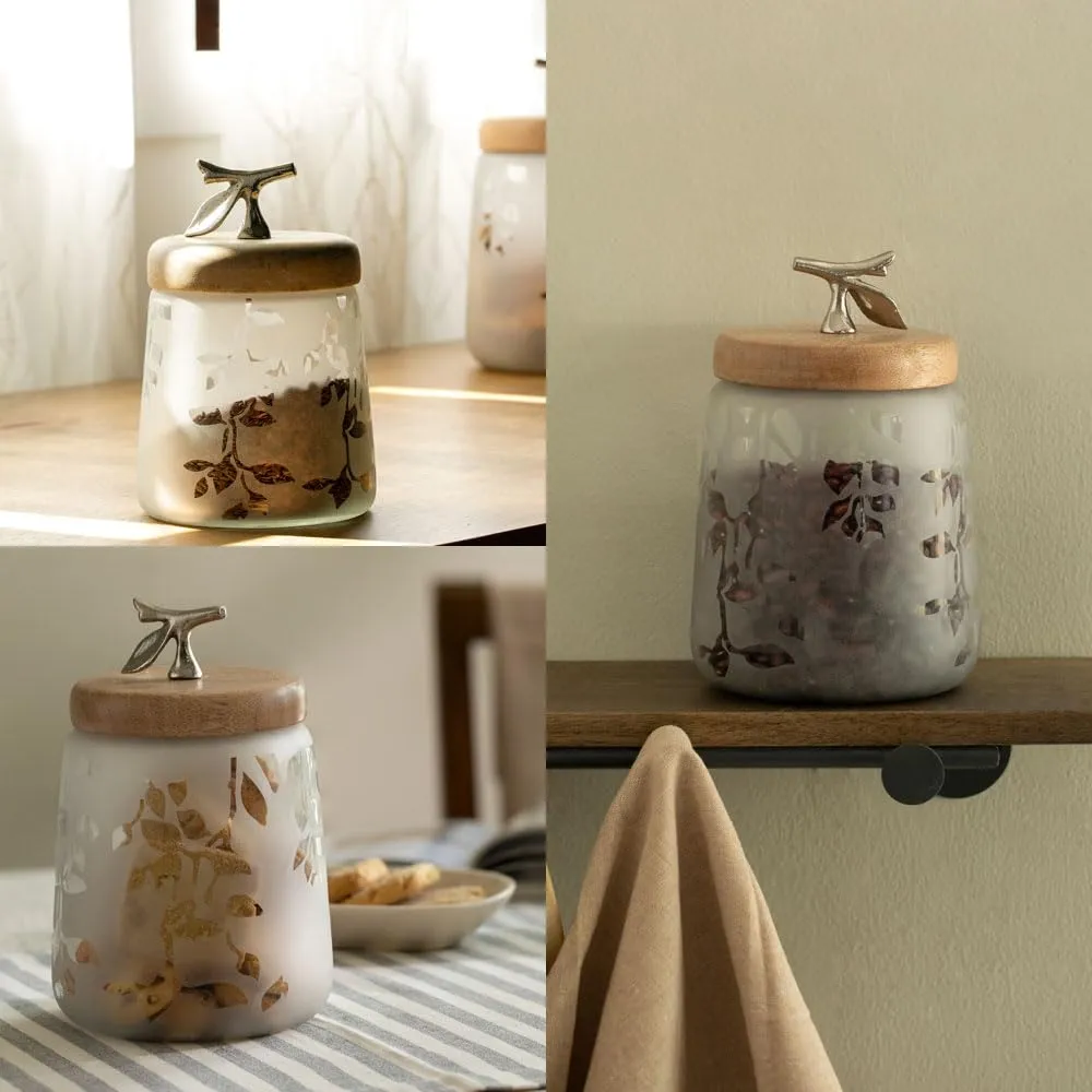 Ellementry Twigy Frosted Glass Jar with Wooden Lid (Tall) | 1250 ML | Transparent and BPA Free | Kitchen Organizer | Modular | Multipurpose Jar | Grocery, Dry Fruit and Spice Storage Jars (Pack Of 4)