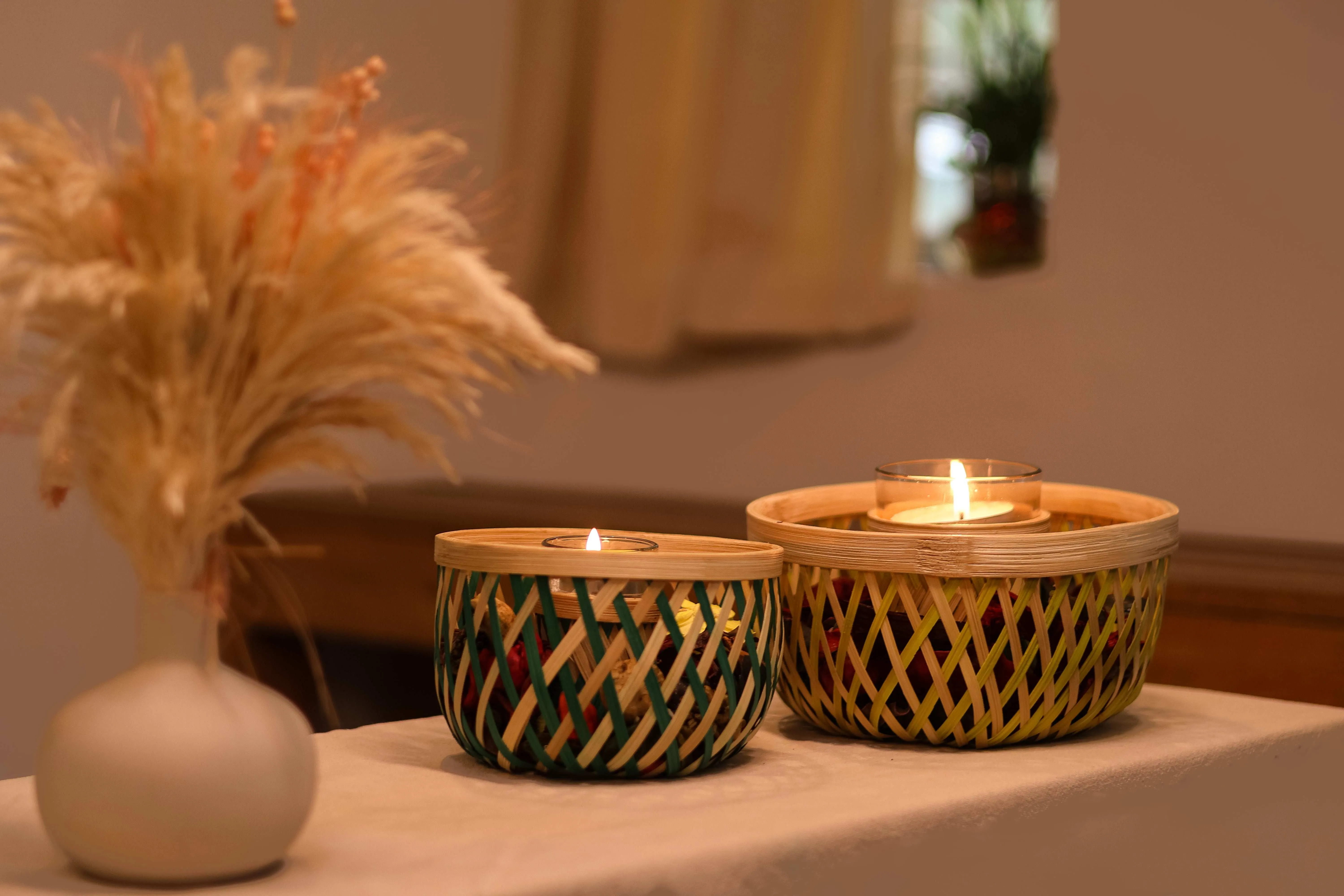 Handcrafted Bamboo colour sliver Candle holder with glass