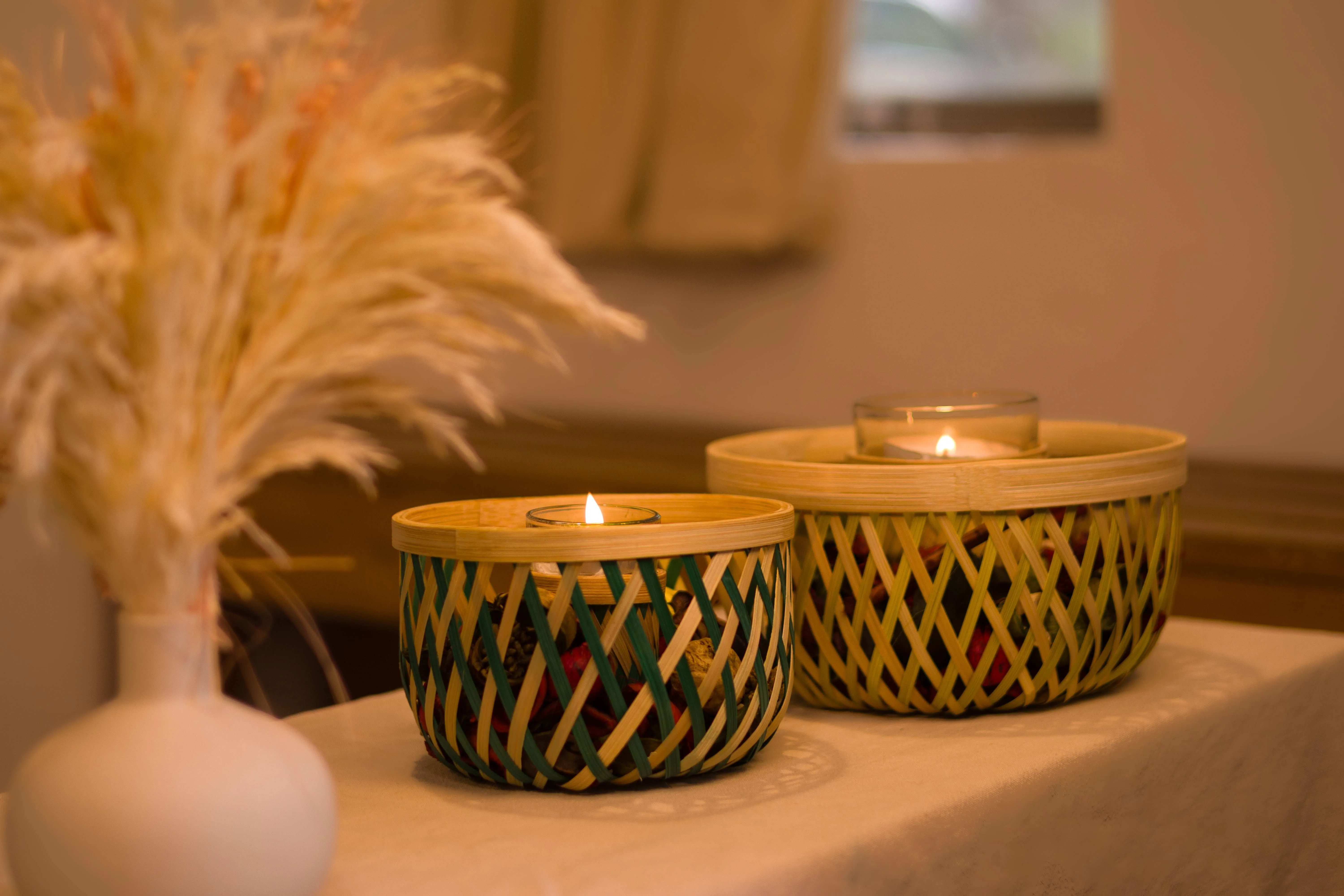 Handcrafted Bamboo colour sliver Candle holder with glass