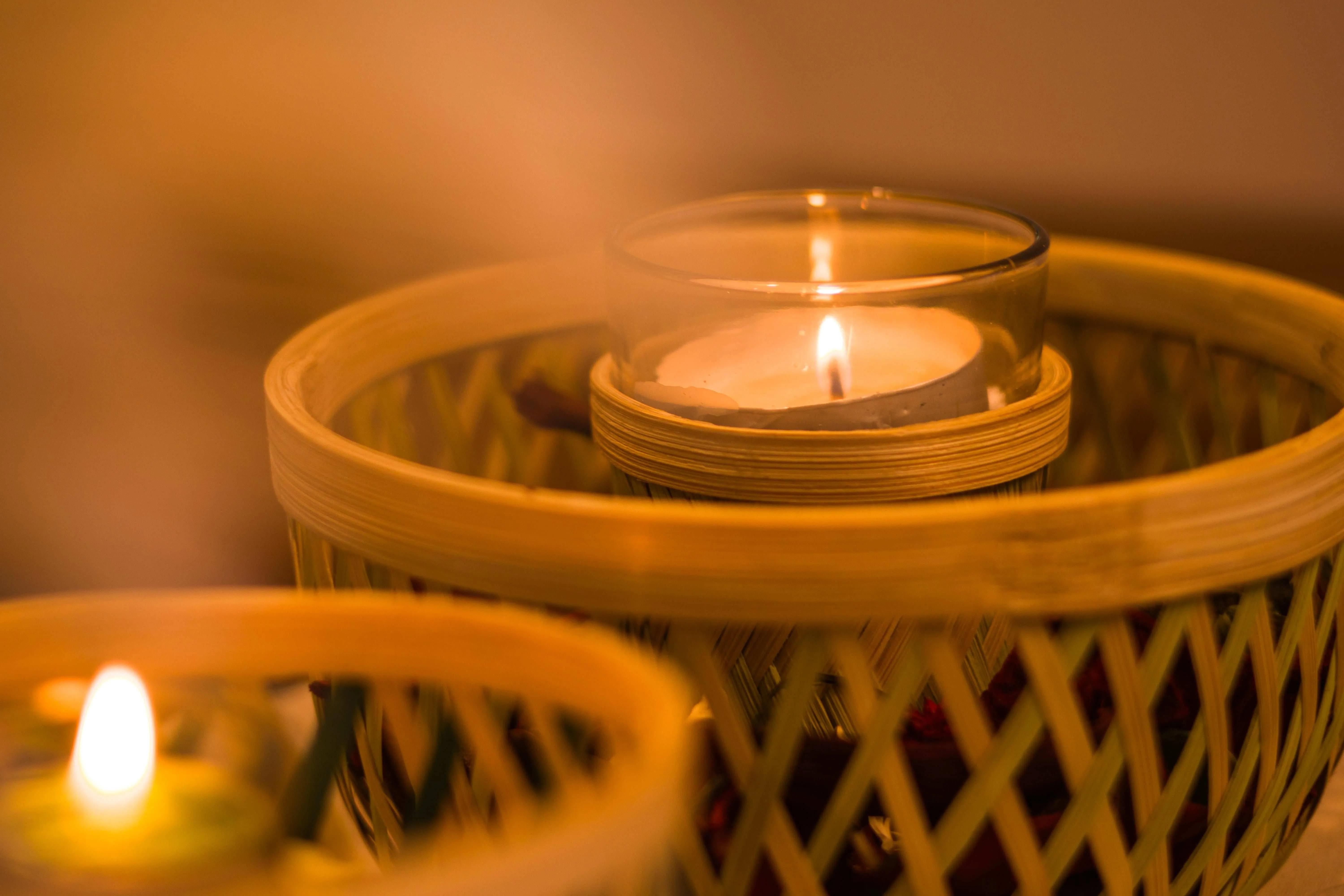 Handcrafted Bamboo colour sliver Candle holder with glass