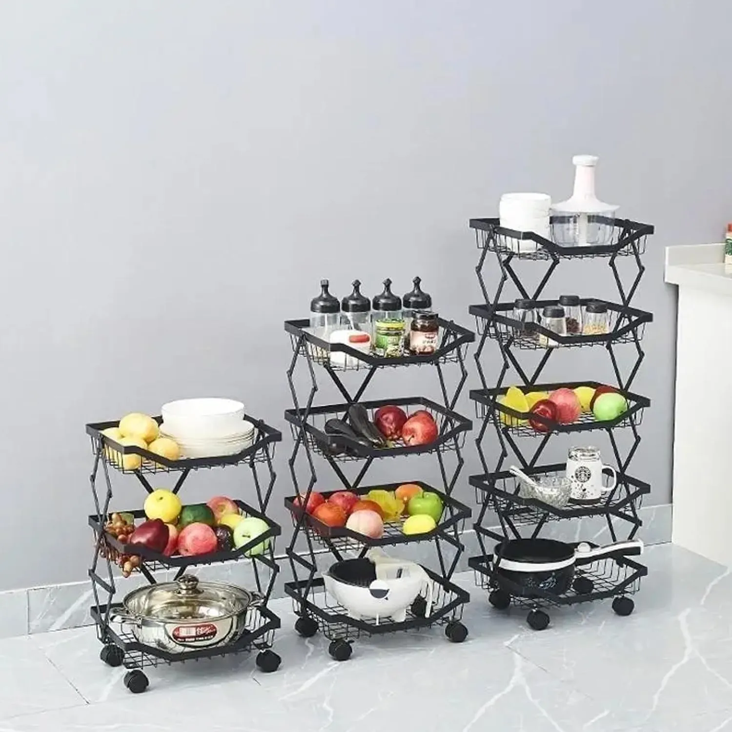 Kuber Industries 4-Layer Collapsible Kitchen Rack|Multipurpose Storage Basket|360-Degree Rotable Kitchen Trolley|Fruit Basket Pack of 6 (Black)