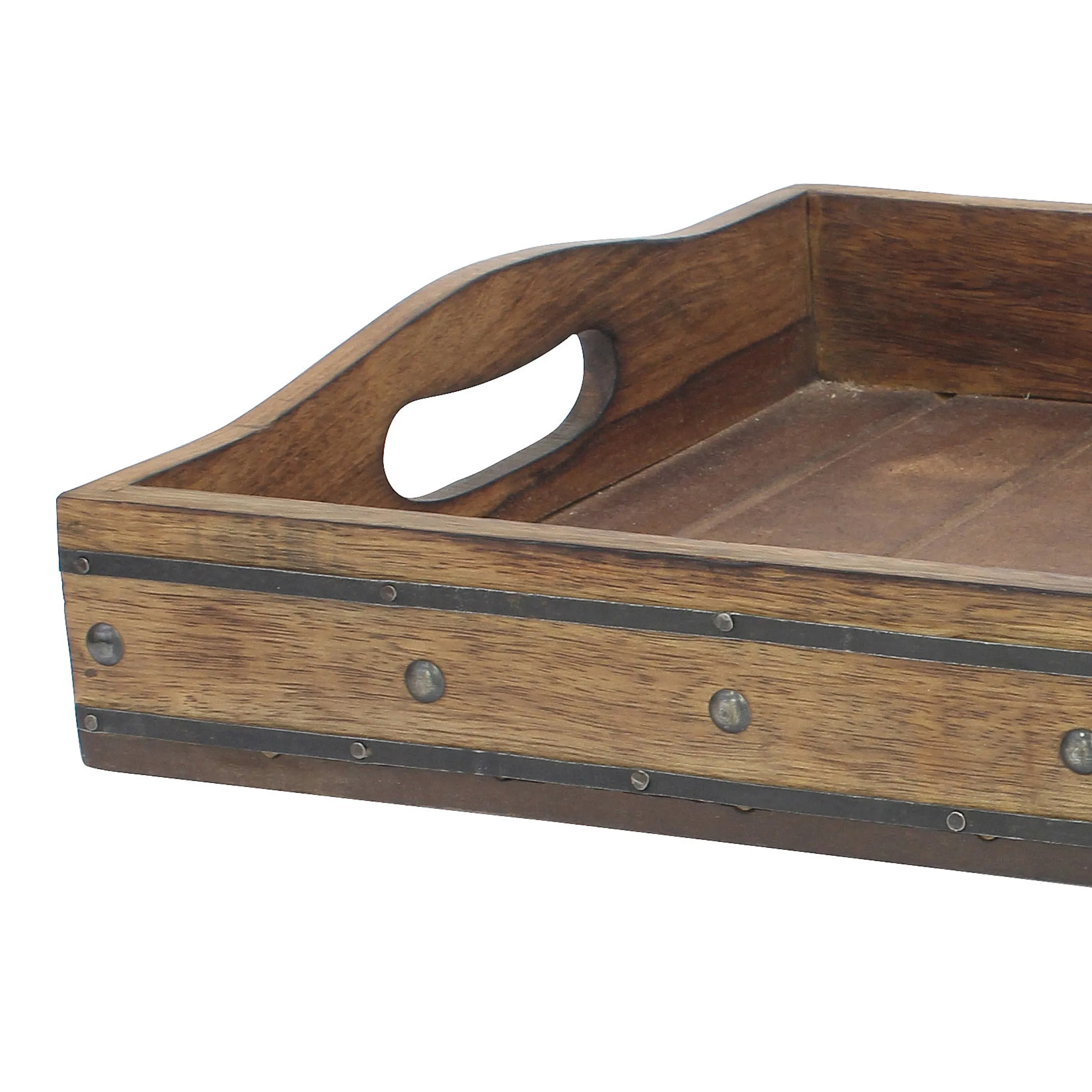 Rectangular Wooden Tray with Black Metal Trim & Rivets