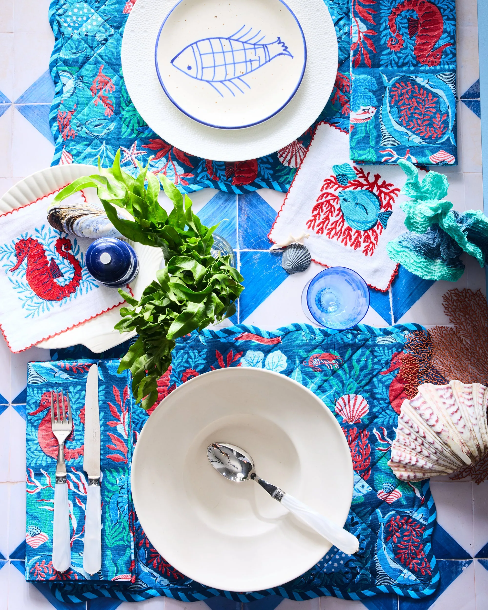 Stained Glass Sea - Placemats Set Of 4 - Seaside Blue