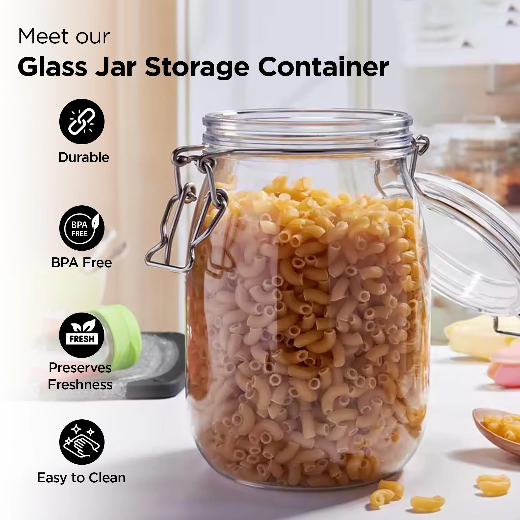 UMAI Glass Jar for Kitchen Storage | 2000ml | Mason Jar for food Storage with Buckle Lid and Wide Mouth | Multipurpose Airtight Glass Container with Leakproof Rubber Gasket | Transparent