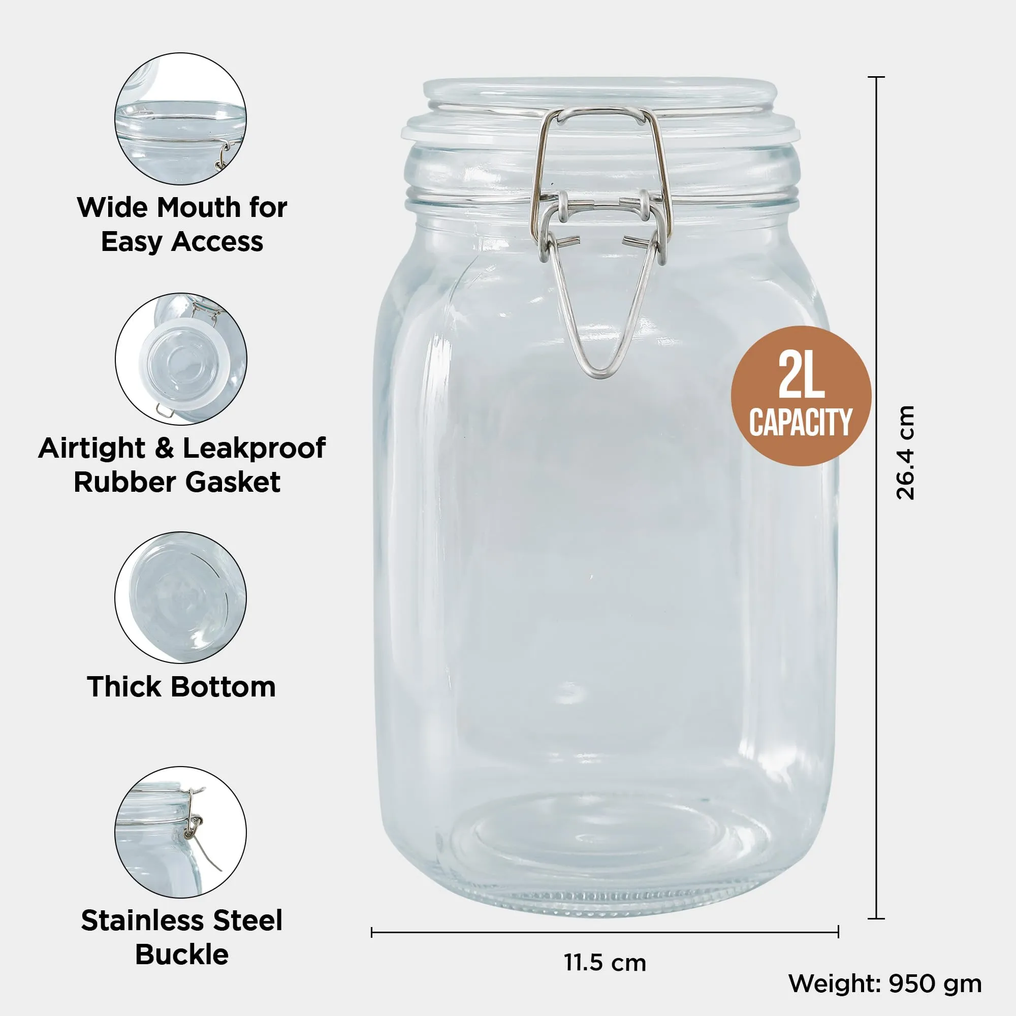 UMAI Glass Jar for Kitchen Storage | 2000ml | Mason Jar for food Storage with Buckle Lid and Wide Mouth | Multipurpose Airtight Glass Container with Leakproof Rubber Gasket | Transparent