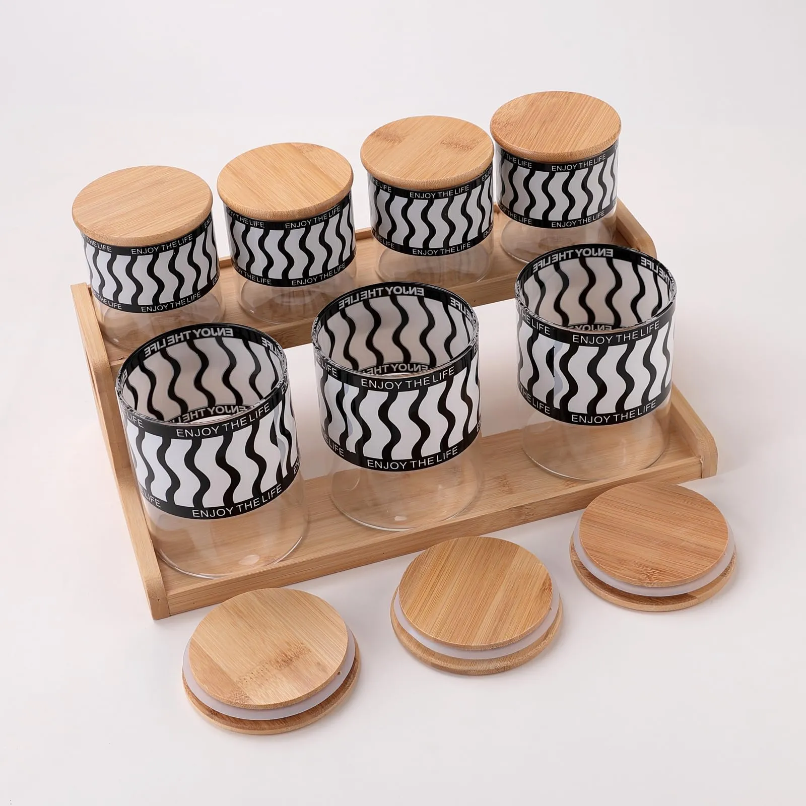 UMAI Pack of 7 Kitchen Organizer Borosilicate Jars with Bamboo Lid & Tray | 4 Pcs 350 ml & 3 Pcs 850 ml | Glass Jars for Cookies, Spices, Snacks, Tea, Coffee, Sugar | BPA Free