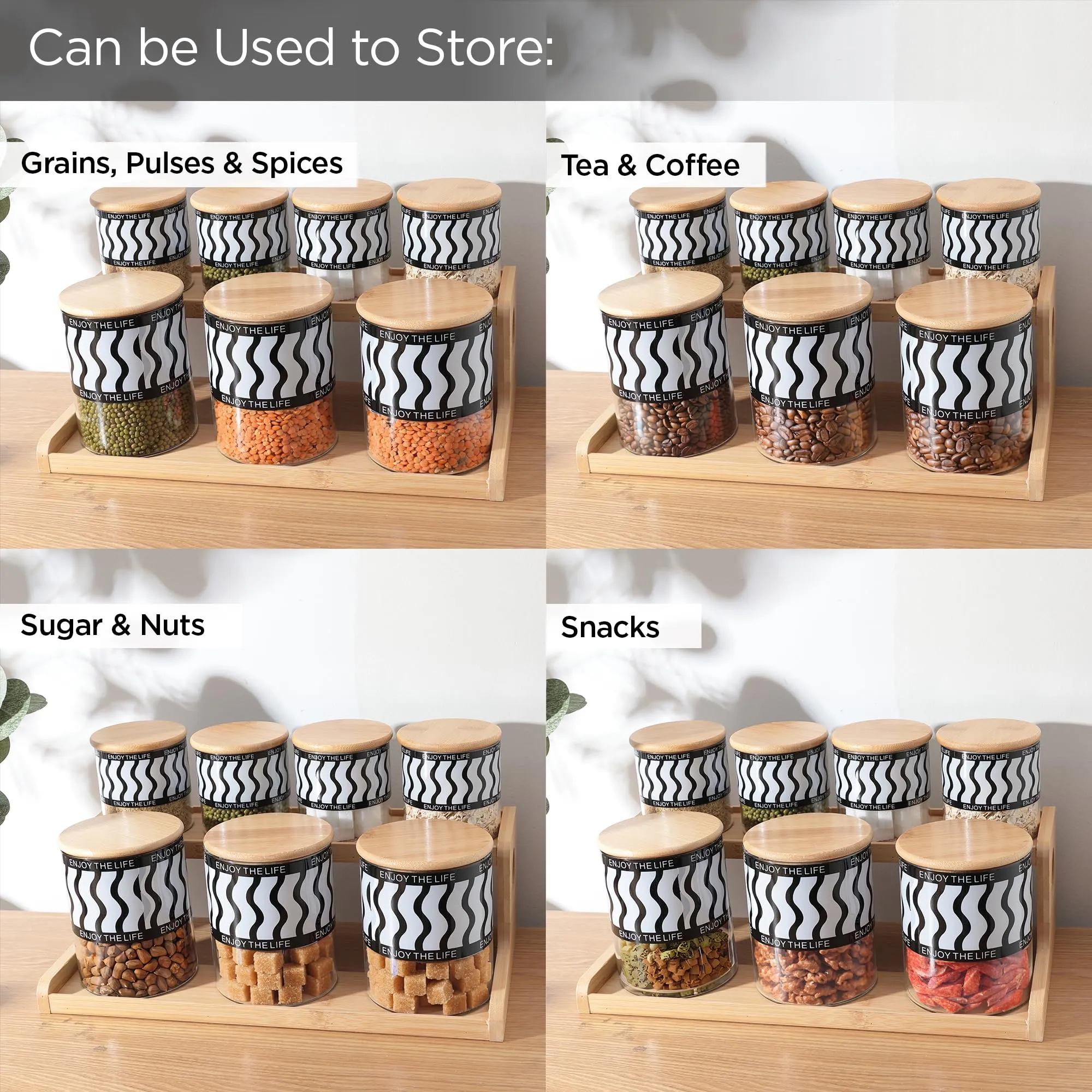 UMAI Pack of 7 Kitchen Organizer Borosilicate Jars with Bamboo Lid & Tray | 4 Pcs 350 ml & 3 Pcs 850 ml | Glass Jars for Cookies, Spices, Snacks, Tea, Coffee, Sugar | BPA Free