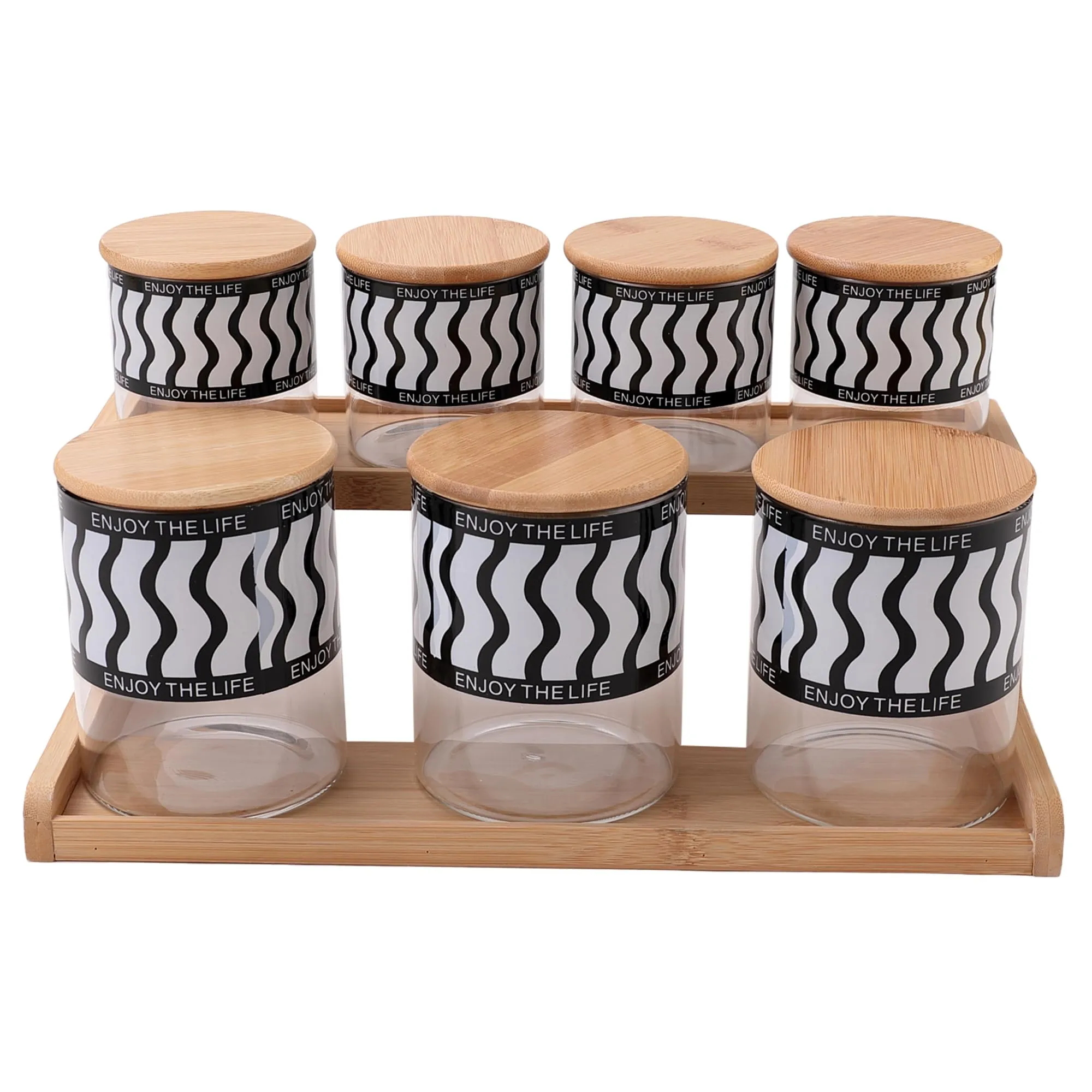 UMAI Pack of 7 Kitchen Organizer Borosilicate Jars with Bamboo Lid & Tray | 4 Pcs 350 ml & 3 Pcs 850 ml | Glass Jars for Cookies, Spices, Snacks, Tea, Coffee, Sugar | BPA Free