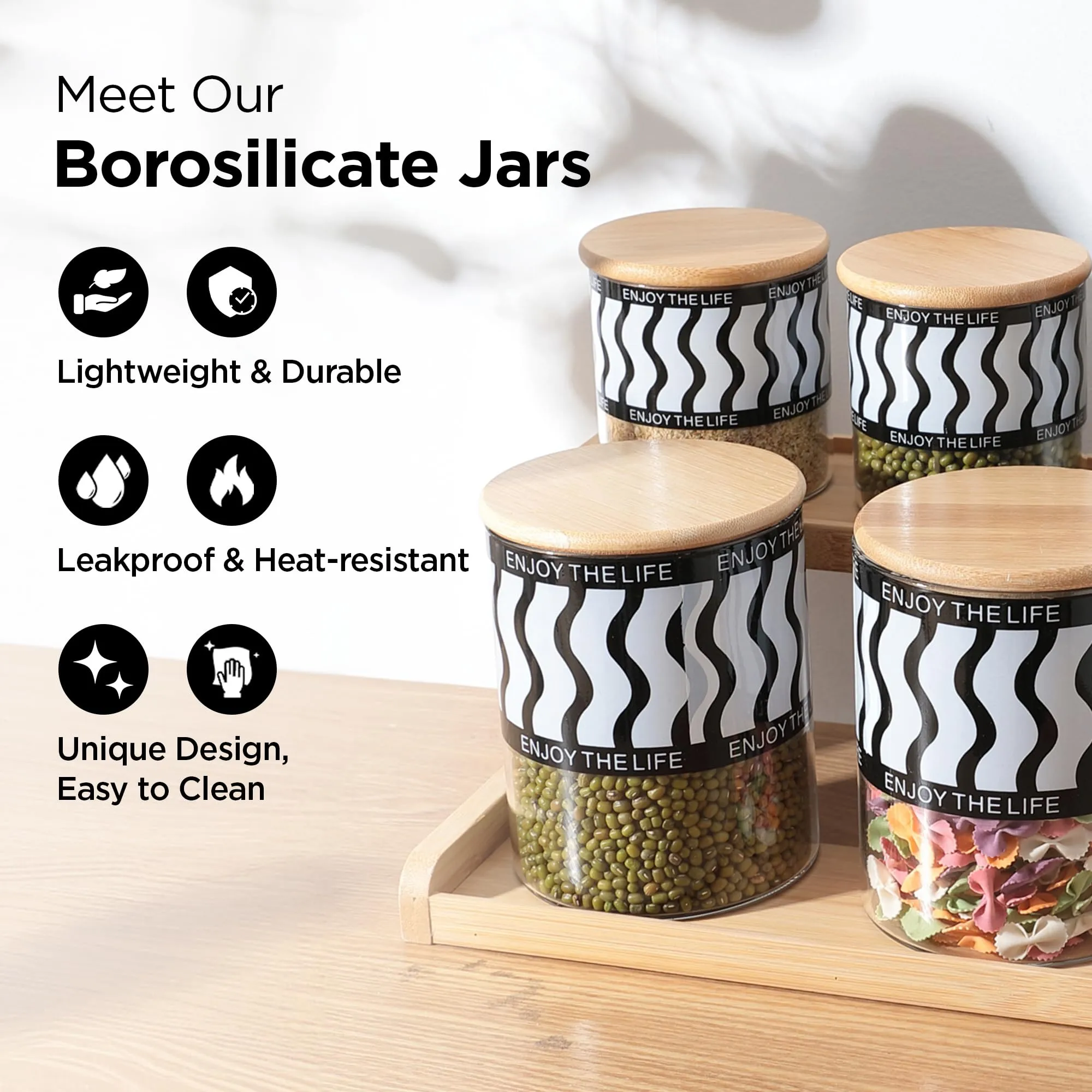 UMAI Pack of 7 Kitchen Organizer Borosilicate Jars with Bamboo Lid & Tray | 4 Pcs 350 ml & 3 Pcs 850 ml | Glass Jars for Cookies, Spices, Snacks, Tea, Coffee, Sugar | BPA Free