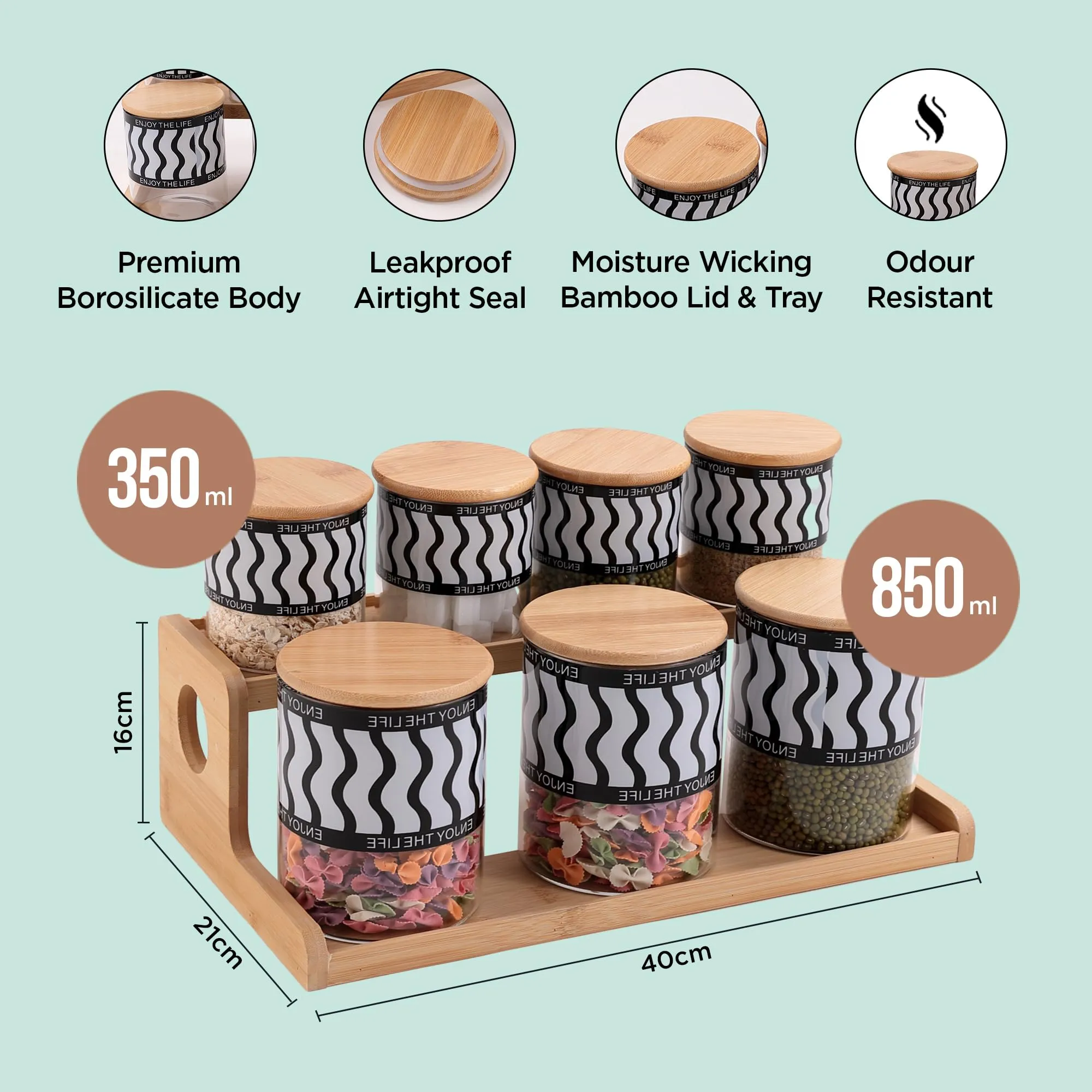 UMAI Pack of 7 Kitchen Organizer Borosilicate Jars with Bamboo Lid & Tray | 4 Pcs 350 ml & 3 Pcs 850 ml | Glass Jars for Cookies, Spices, Snacks, Tea, Coffee, Sugar | BPA Free