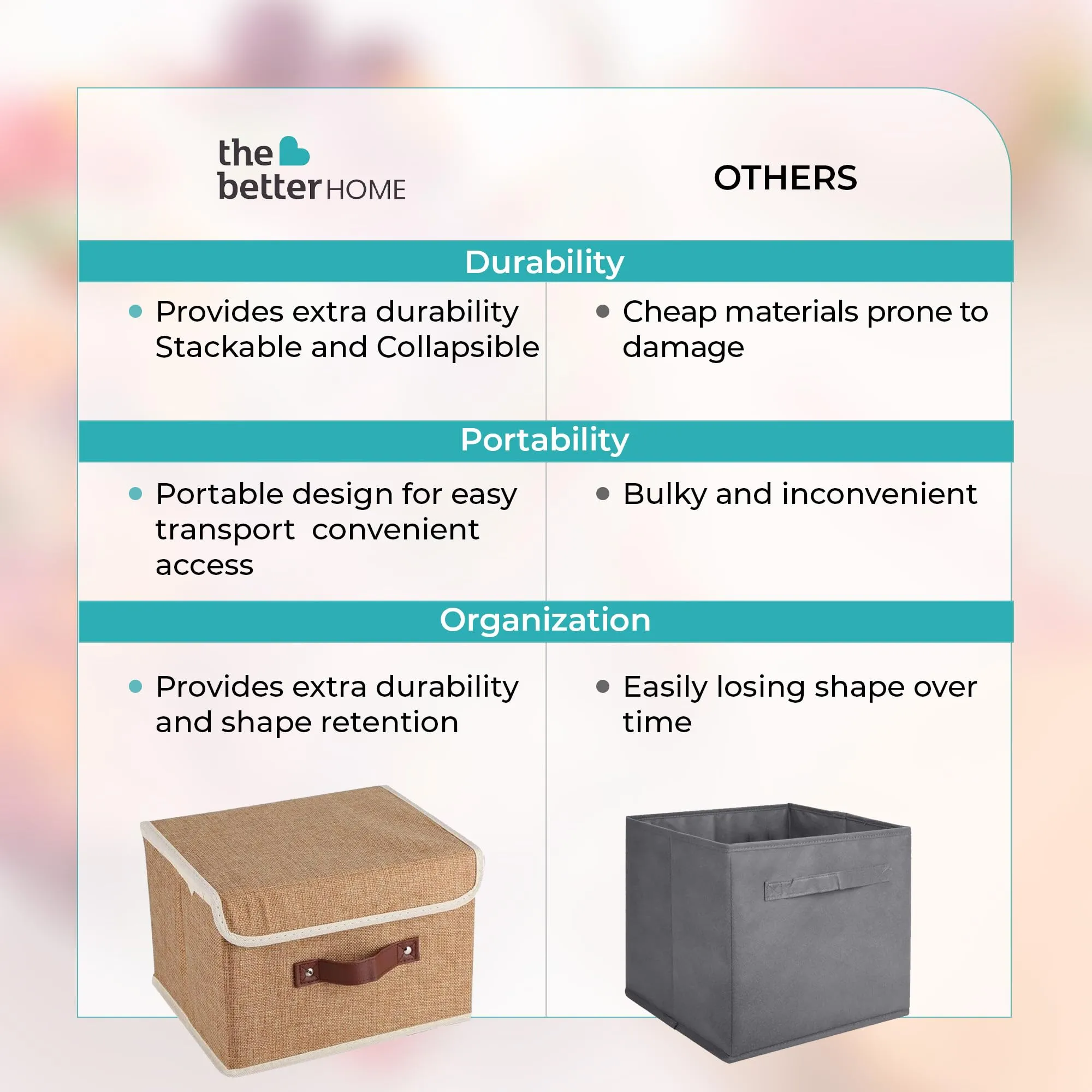 UMAI The Better Home Linen   Carboard Foldable Storage Baskets | 8L Basket For Storage | Basket For Clothes | Front Handle | Basket With Lid | Storage Organizer | Storage Box For Toys - Khadi