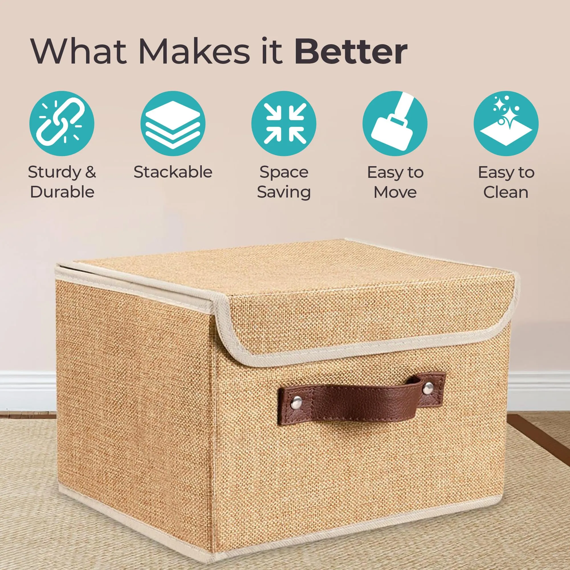 UMAI The Better Home Linen   Carboard Foldable Storage Baskets | 8L Basket For Storage | Basket For Clothes | Front Handle | Basket With Lid | Storage Organizer | Storage Box For Toys - Khadi
