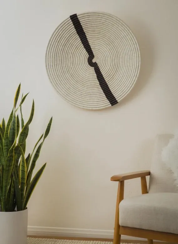 WOVEN SERVING TRAY OR WALL HANGING  ART DECOR  WHITE With BLACK STIPE 12" x 2"