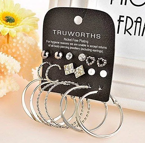 Yellow Chimes 9 Pair Assorted Combo Crystal Stud and Big Hoops Earrings for Women and Girls (Hoops & Studs)